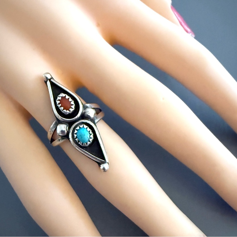 Vintage Southwestern Coral Turquoise Sterling Silver Ring - Picture 2 of 5